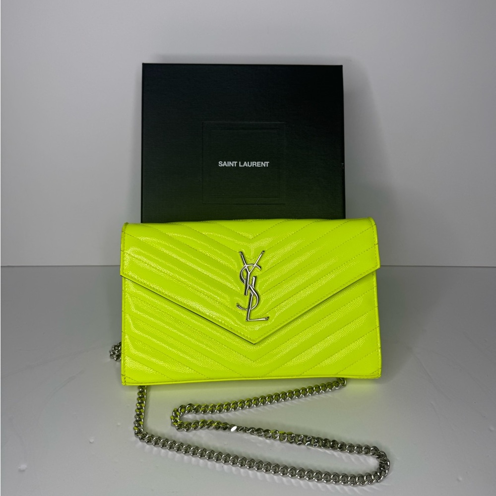 Saint Laurent Cassandra Neon Yellow Chain Wallet Bag